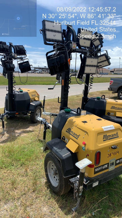 2022 Allmand NLV3GR (4) LED Light Fixture 350W, 23' Vertical Mast, 3kW Prime, Towable, Deep Sea L401, Leveling Jacks, Yanmar T4F 5.8hp