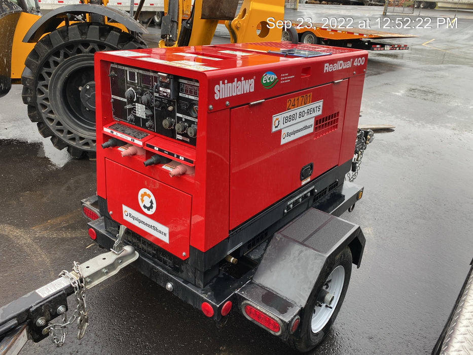 2022 Shindaiwa DGW400MDL Kubota D902 Engine, 23 HP, Dual Op Welder, Wire, Arc, Droop Stick, Tig, and CC Stick Functionality, Simulphase, 3 Phase and 1 Phase Gen Output, Single Axle NB Trlr, Slr Trckl Chrg 12V 12W, Fire Ext