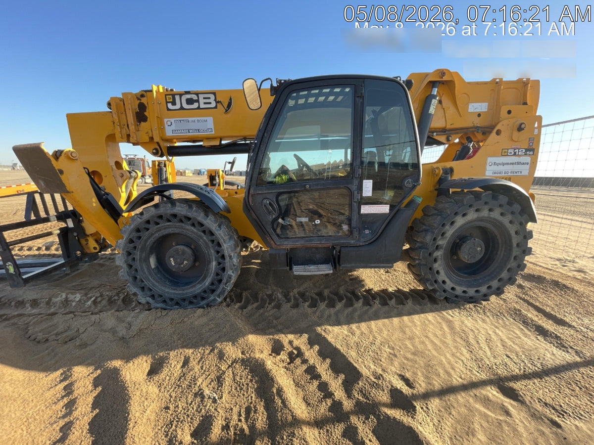 2019 JCB 512-56 74 HP w/CAB/HVAC, Beacon, Aux Hydraulics, Worklights, Solid Tires w/60" Carriage/Forks