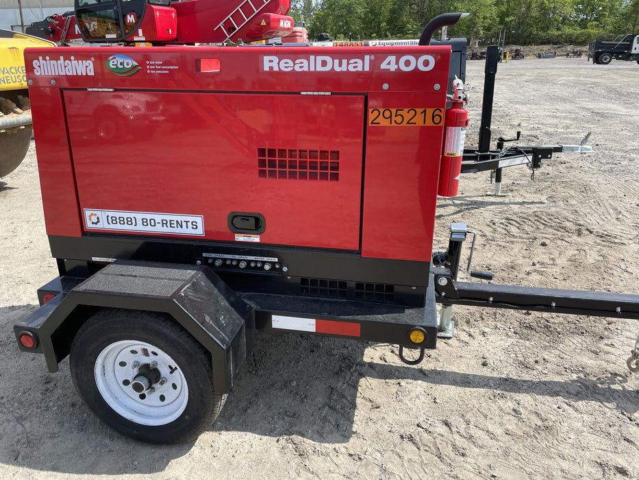 2023 Shindaiwa DGW400MDL Kubota D902 Engine, 23 HP, Dual Op Welder, Wire, Arc, Droop Stick, Tig, and CC Stick Functionality, Simulphase, 3 Phase and 1 Phase Gen Output, Single Axle NB Trlr, Slr Trckl Chrg 12V 12W, Fire Ext