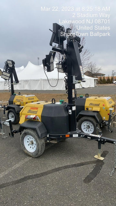 2021 Allmand NLV3GR (4) LED Light Fixture 350W, 23' Vertical Mast, 3kW Prime, Towable, Deep Sea L401, Leveling Jacks, Yanmar T4F 5.8hp