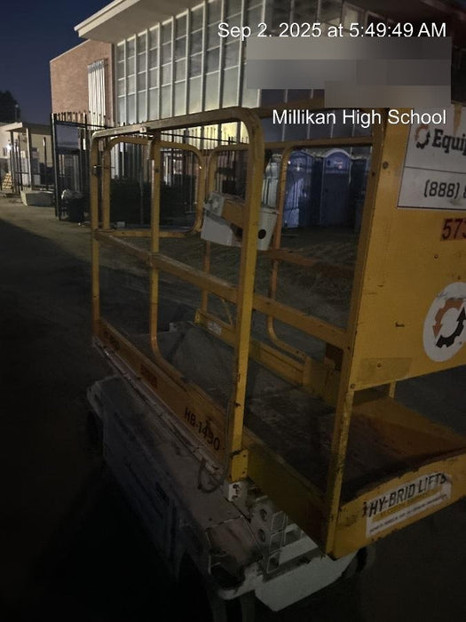 Custom Equipment HB-1430 <ul>
 <li>Hy-Brid Scissor Lift</li>
  <li>Platform capacity up to 670 lbs.</li>
  <li>Working height up to 20 ft</li>
  <li>Weighs under 1,700 lbs.</li>
  <li>Non-marking wheels </li>
</ul>