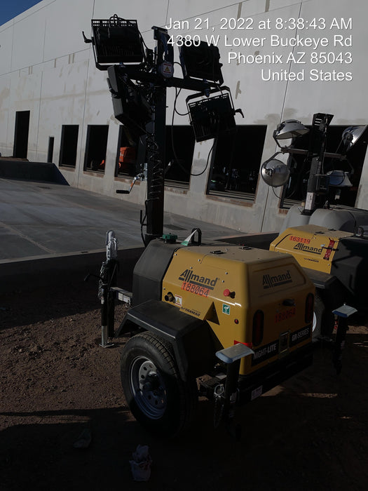 Allmand NLV3GR (4) LED Light Fixture 350W, 23' Vertical Mast, 3kW Prime, Towable, Deep Sea L401, Leveling Jacks, Yanmar T4F 5.8hp