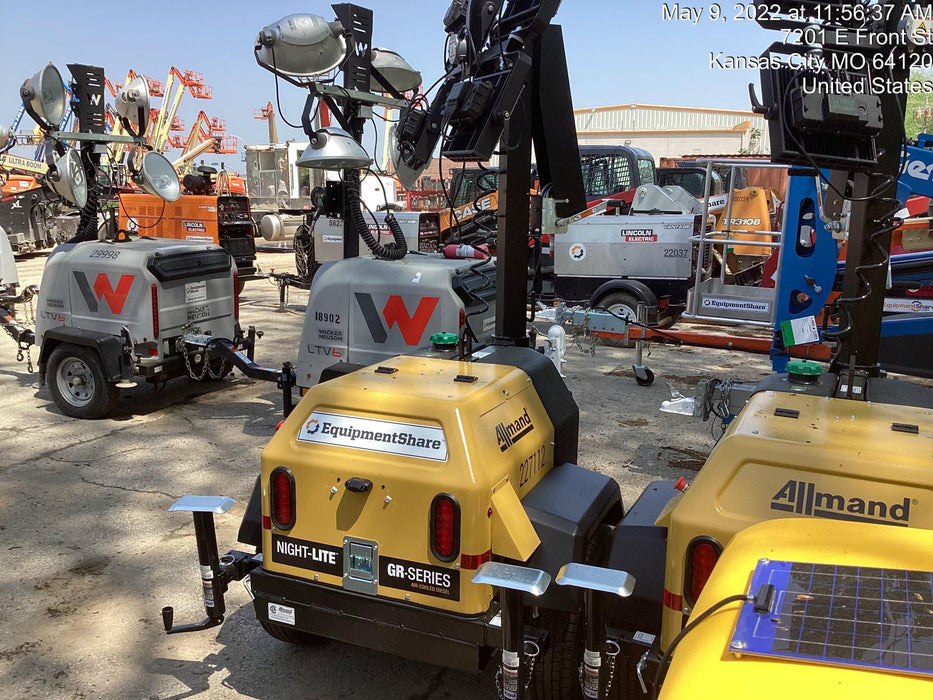 2022 Allmand NLV3GR (4) LED Light Fixture 350W, 23' Vertical Mast, 3kW Prime, Towable, Deep Sea L401, Leveling Jacks, Yanmar T4F 5.8hp