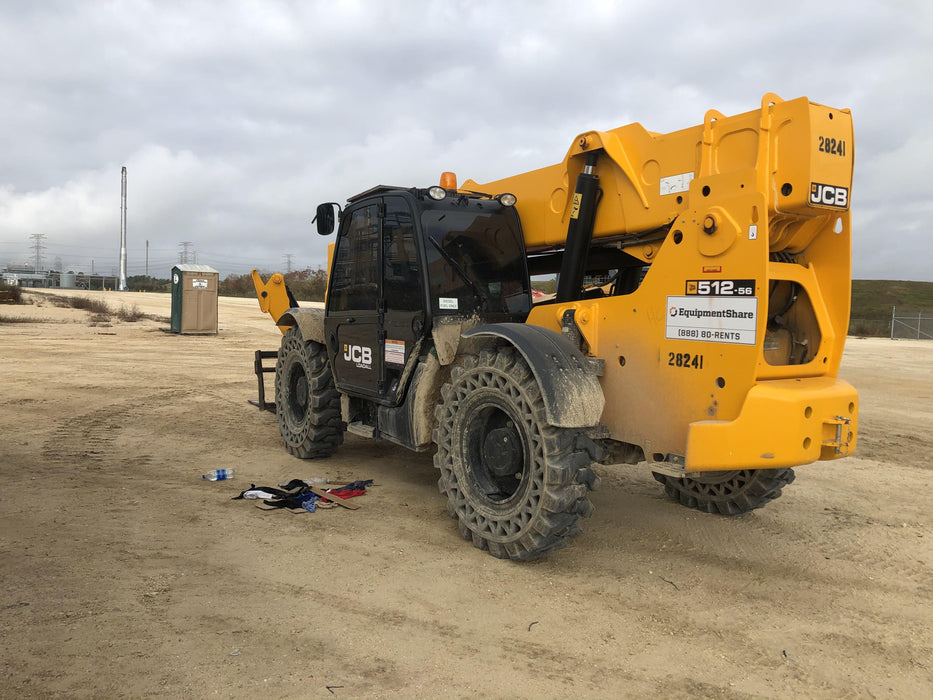 2019 JCB 512-56 74 HP w/CAB/HVAC, Beacon, Aux Hydraulics, Worklights, Solid Tires w/60" Carriage/Forks