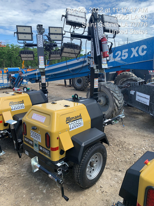 2022 Allmand NLV3GR (4) LED Light Fixture 350W, 23' Vertical Mast, 3kW Prime, Towable, Deep Sea L401, Leveling Jacks, Yanmar T4F 5.8hp