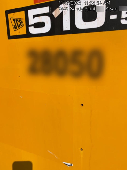 2019 JCB 510-56 Open ROPS, 74 HP, Solid Tires, Worklights, Beacon, Aux Hydraulics, Lifting Eye 60" Carriage/60" Forks