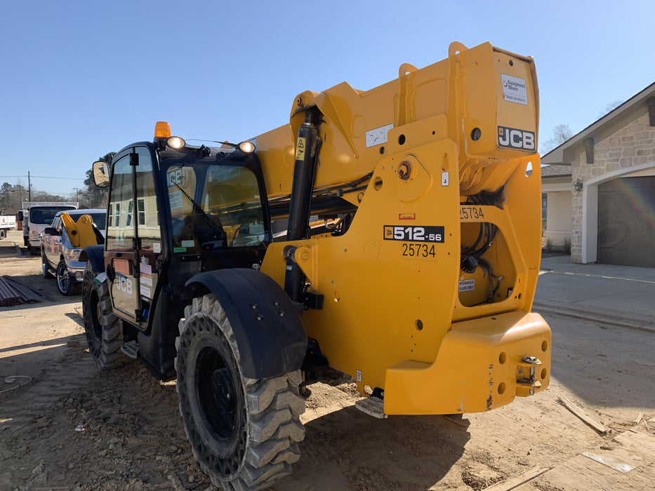 2019 JCB 512-56 109 HP w/CAB/HVAC, Beacon, Aux Hydraulics, Worklights, Solid Tires w/60" Carriage/Forks