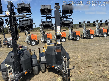 2022 Allmand NLV3GR (4) LED Light Fixture 350W, 23' Vertical Mast, 3kW Prime, Towable, Deep Sea L401, Leveling Jacks, Yanmar T4F 5.8hp