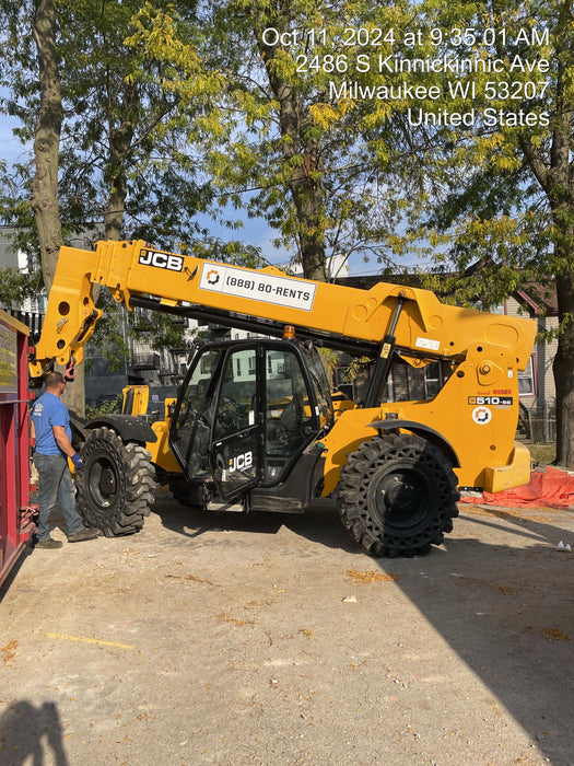 2020 JCB 510-56 Cab/Heat/Air, 74 HP, Solid Tires, STD Worklight, Beacon, Aux Hydraulics, Lifting Eye, Back up Alarm w/66" Carriage/60" Forks