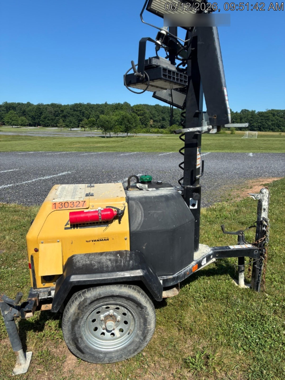2021 Allmand NLV3GR (4) LED Light Fixture 350W, 23' Vertical Mast, 3kW Prime, Towable, Deep Sea L401, Leveling Jacks, Yanmar T4F 5.8hp