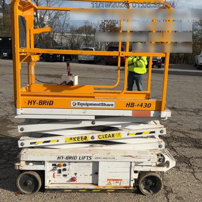 Custom Equipment HB-1430 Hy-Brid Scissor Lift
Platform capacity up to 670 lbs
Working height up to 20 ft
Weighs under 1,700 lbs
Non-marking wheels