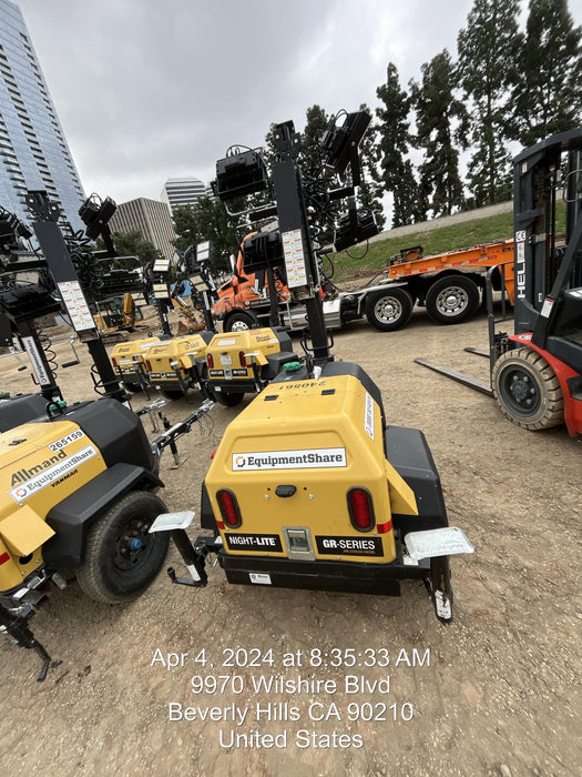 2022 Allmand NLV3GR (4) LED Light Fixture 350W, 23' Vertical Mast, 3kW Prime, Towable, Deep Sea L401, Leveling Jacks, Yanmar T4F 5.8hp