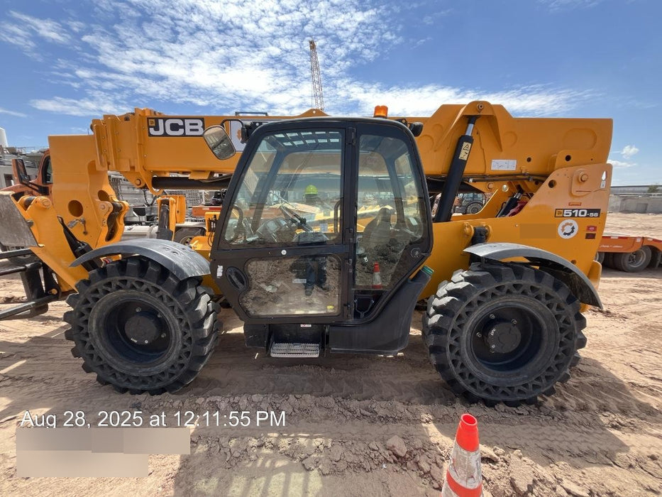 2020 JCB 510-56 Cab/Heat/Air, 74 HP, Solid Tires, STD Worklight, Beacon, Aux Hydraulics, Lifting Eye, Back up Alarm w/66" Carriage/60" Forks
