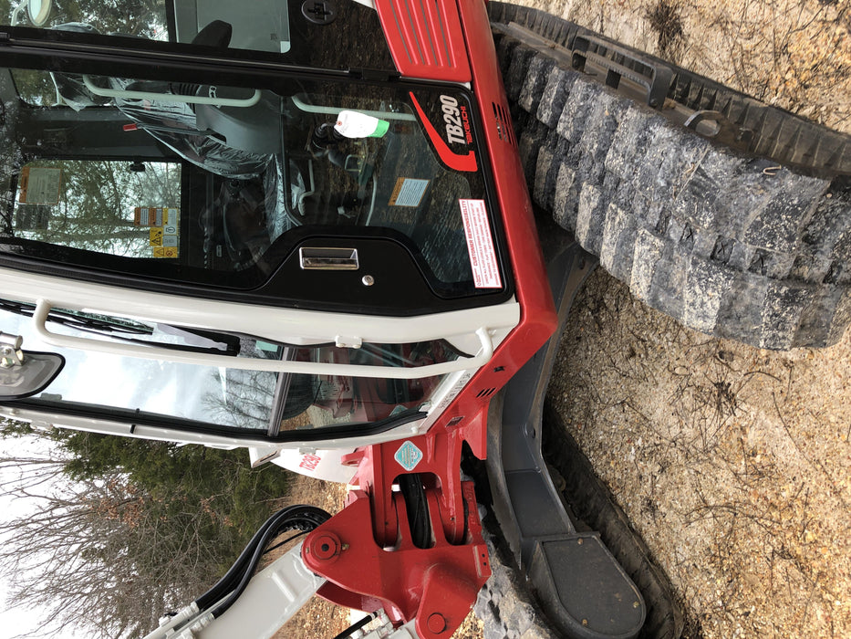 2019 Takeuchi TB290 Cab, AC, Rubber Tracks, Dozer Blade, Travel Alarm, Control Pattern Change Valve, Auxiliary Hydraulics w/18" Quick Coupler Bucket with teeth, 6.2 cu. ft. capacity/24" Quick Coupler Bucket with teeth, 8.6 cu. ft. capacity/36" Quick Coupler Bucket with teeth, 13.4 cu. ft. capacity, Quick Coupler, Hydraulic Thumb Installed