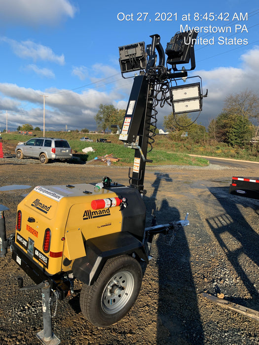 2021 Allmand NLV3GR (4) LED Light Fixture 350W, 23' Vertical Mast, 3kW Prime, Towable, Deep Sea L401, Leveling Jacks, Yanmar T4F 5.8hp