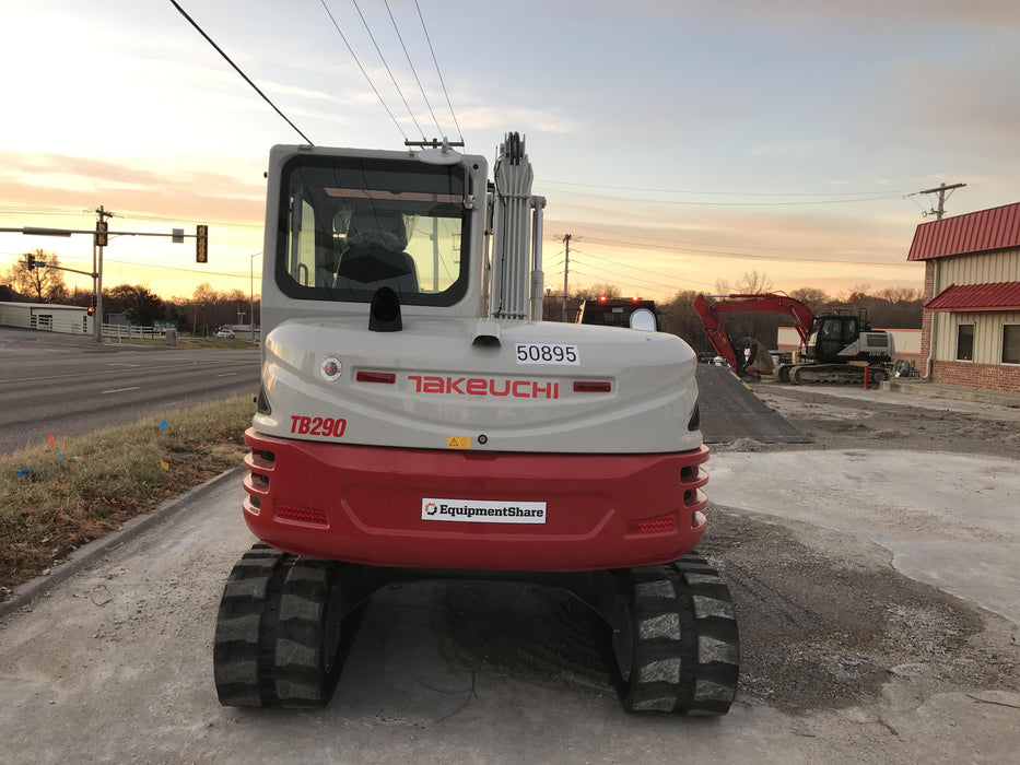 2019 Takeuchi TB290 Cab, AC, Rubber Tracks, Dozer Blade, Travel Alarm, Control Pattern Change Valve, Auxiliary Hydraulics w/18" Quick Coupler Bucket with teeth, 6.2 cu. ft. capacity/24" Quick Coupler Bucket with teeth, 8.6 cu. ft. capacity/36" Quick Coupler Bucket with teeth, 13.4 cu. ft. capacity, Quick Coupler, Hydraulic Thumb Installed
