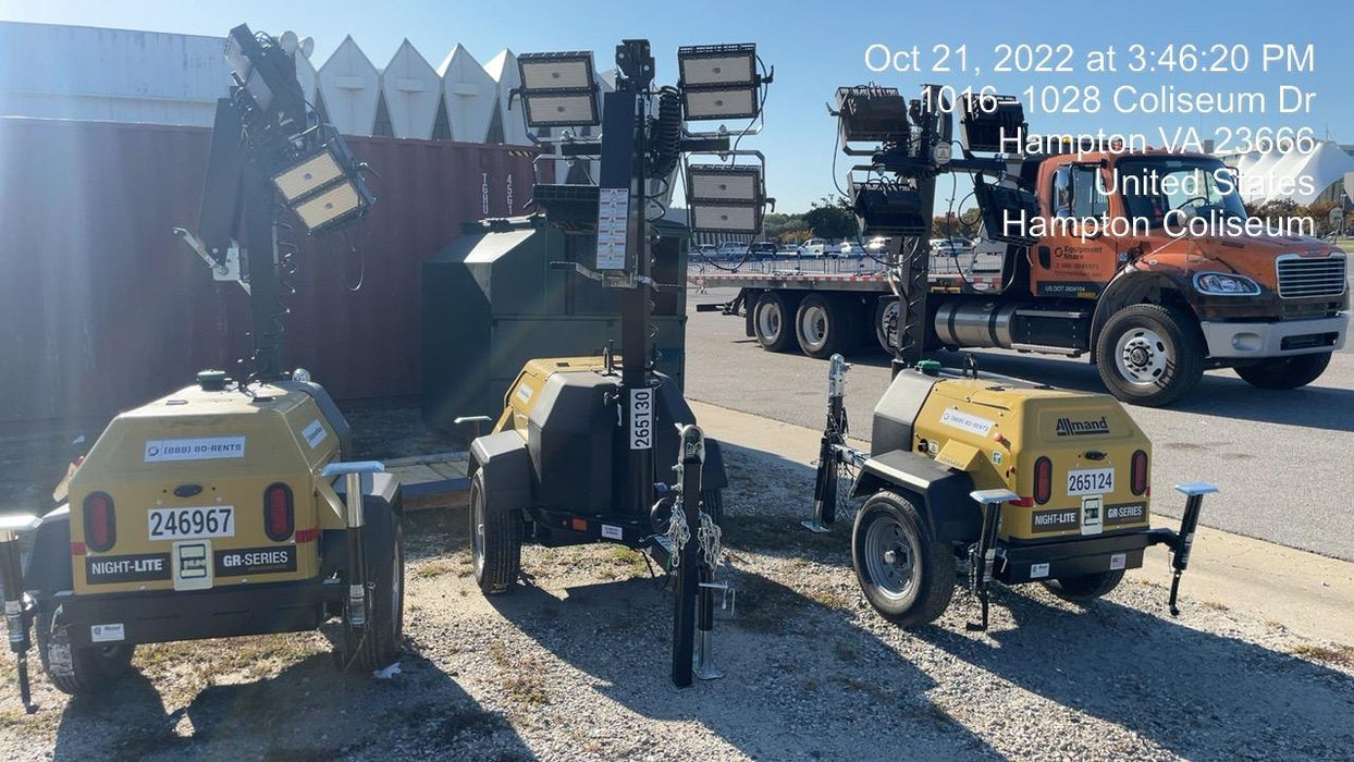 2022 Allmand NLV3GR (4) LED Light Fixture 350W, 23' Vertical Mast, 3kW Prime, Towable, ES Decals, T3