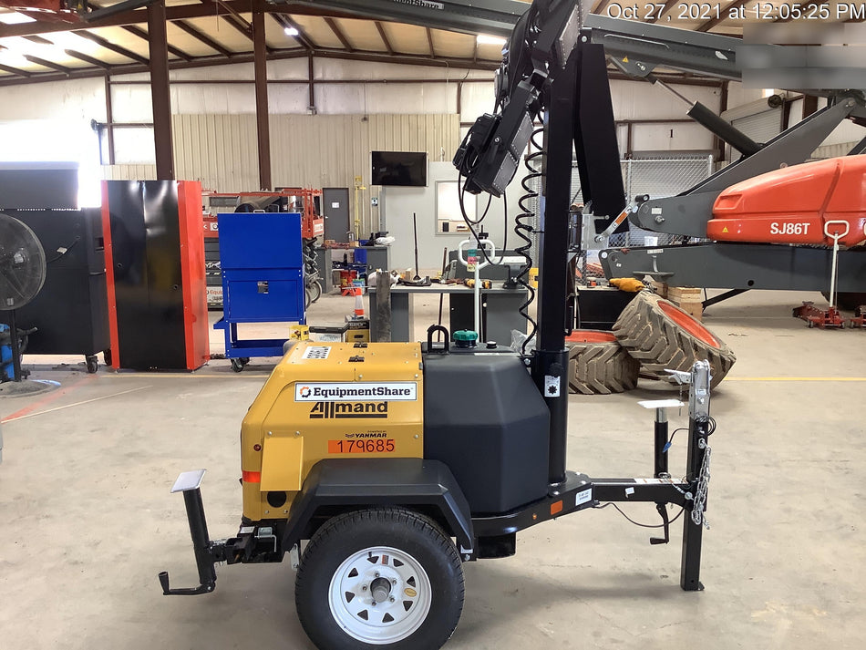 Allmand NLV3GR (4) LED Light Fixture 350W, 23' Vertical Mast, 3kW Prime, Towable, Deep Sea L401, Leveling Jacks, Yanmar T4F 5.8hp