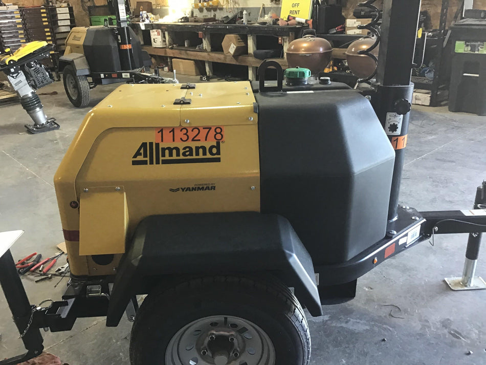 2020 Allmand NLV3GR (4) LED Light Fixture 350W, 23' Vertical Mast, 3kW Prime, Towable, Deep Sea L401, Leveling Jacks, Yanmar T4F 5.8hp