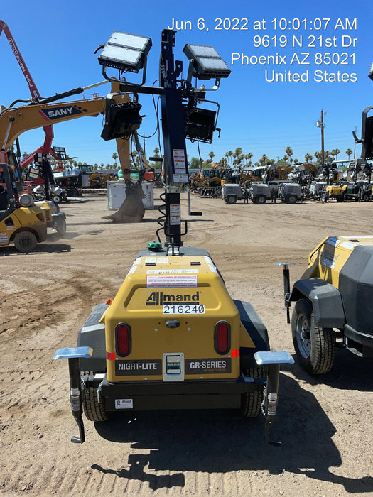 2022 Allmand NLV3GR (4) LED Light Fixture 350W, 23' Vertical Mast, 3kW Prime, Towable, Deep Sea L401, Leveling Jacks, Yanmar T4F 5.8hp