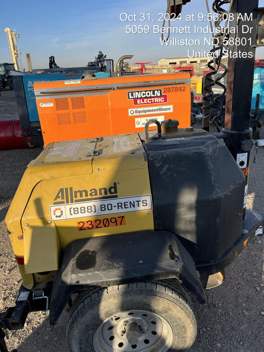 2022 Allmand NLV3GR (4) LED Light Fixture 350W, 23' Vertical Mast, 3kW Prime, Towable, Deep Sea L401, Leveling Jacks, Yanmar T4F 5.8hp