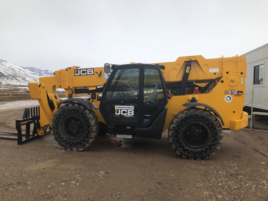 2019 JCB 512-56 Cab/Heat/Air, 109 HP, Solid Tires, STD Worklight, Beacon, Aux Hydraulics, Lifting Eye, Back up Alarm w/66" Carriage/60" Forks