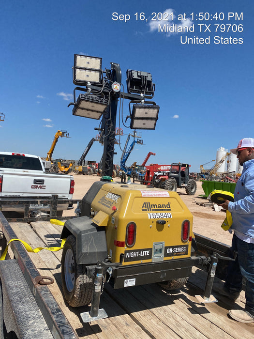 2021 Allmand NLV3GR (4) LED Light Fixture 350W, 23' Vertical Mast, 3kW Prime, Towable, Deep Sea L401, Leveling Jacks, Yanmar T4F 5.8hp