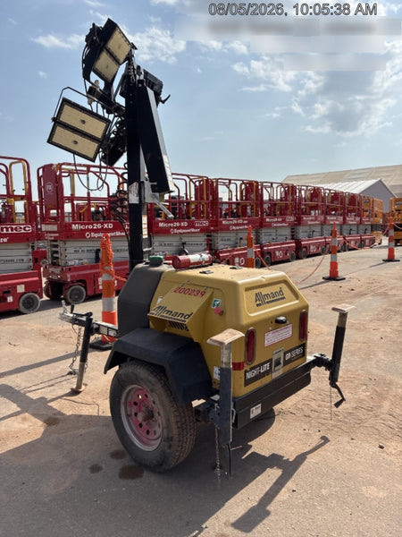 2022 Allmand NLV3GR (4) LED Light Fixture 350W, 23' Vertical Mast, 3kW Prime, Towable, Deep Sea L401, Leveling Jacks, Yanmar T4F 5.8hp