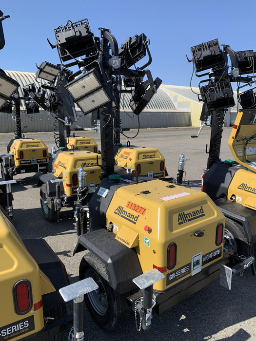 2020 Allmand NLV3GR (4) LED Light Fixture 350W, 23' Vertical Mast, 3kW Prime, Towable, Deep Sea L401, Leveling Jacks, Yanmar T4F 5.8hp