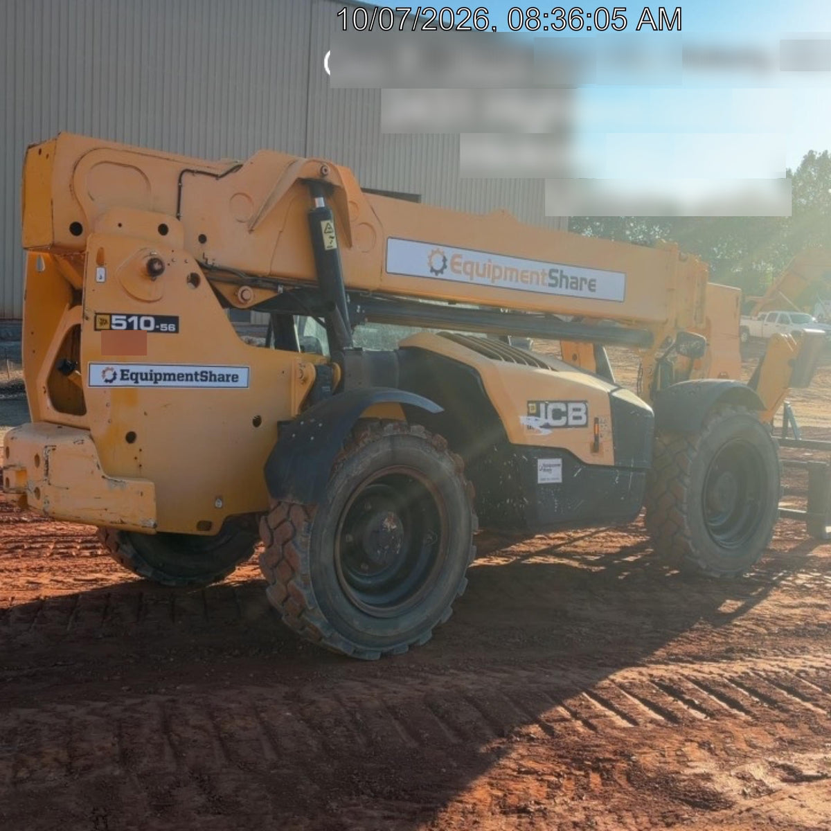 2019 JCB 510-56 Open ROPS, 74 HP, Solid Tires, Worklights, Beacon, Aux Hydraulics, Lifting Eye w/72" Carriage/60" Forks