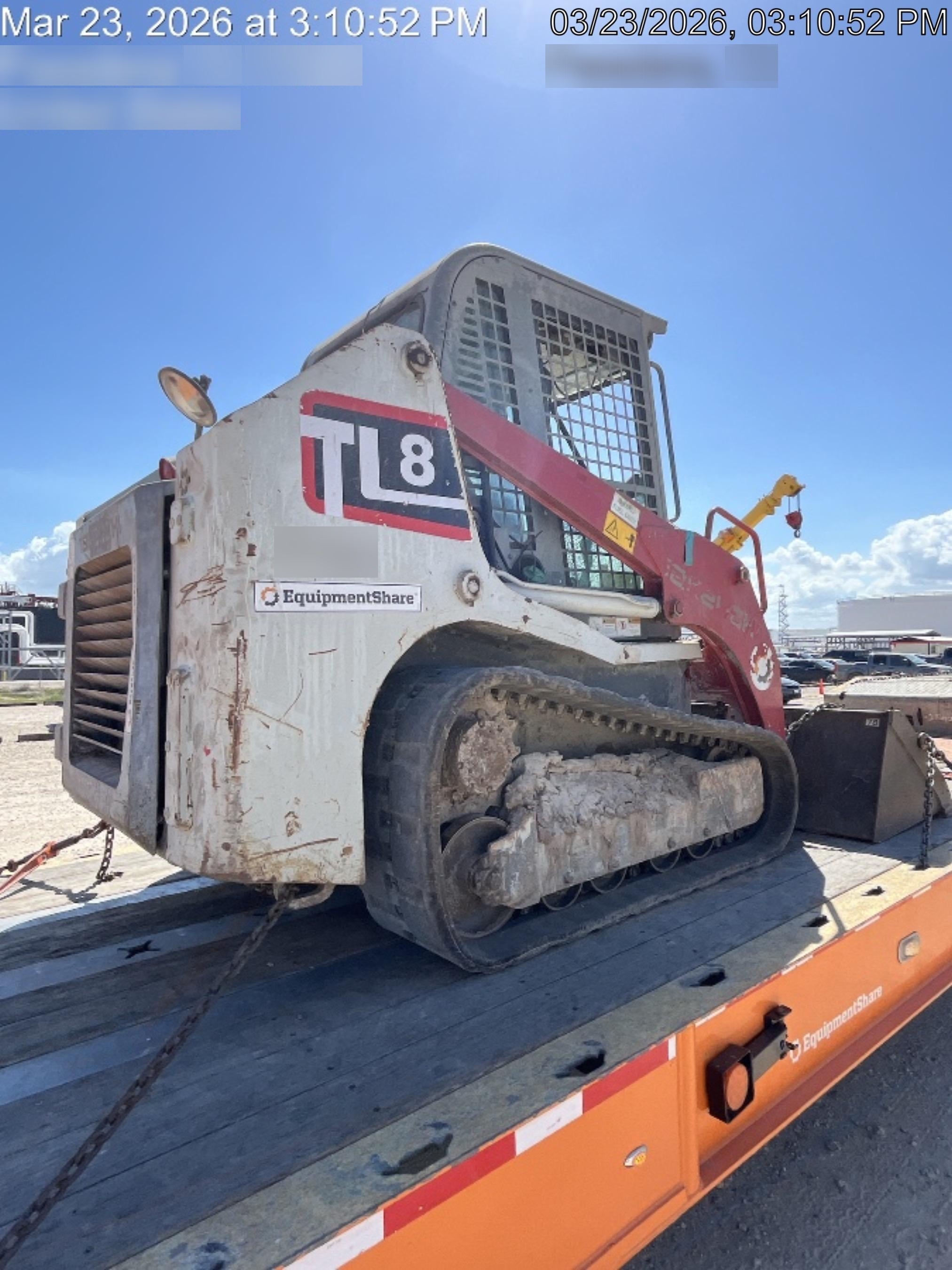 2019 Takeuchi TL8 Cab, Heat/AC, Defroster, 15" Wide Rubber Tracks, Back-up Alarm, Front & Rear Working Lights, Auxiliary Hydraulics, Two-Speed Travel, Electronic Monitoring System, Hydraulic Universal Quick Hitch 76" HD Dirt Bucket with 8 Teeth, 20.3 cubic feet Capacity