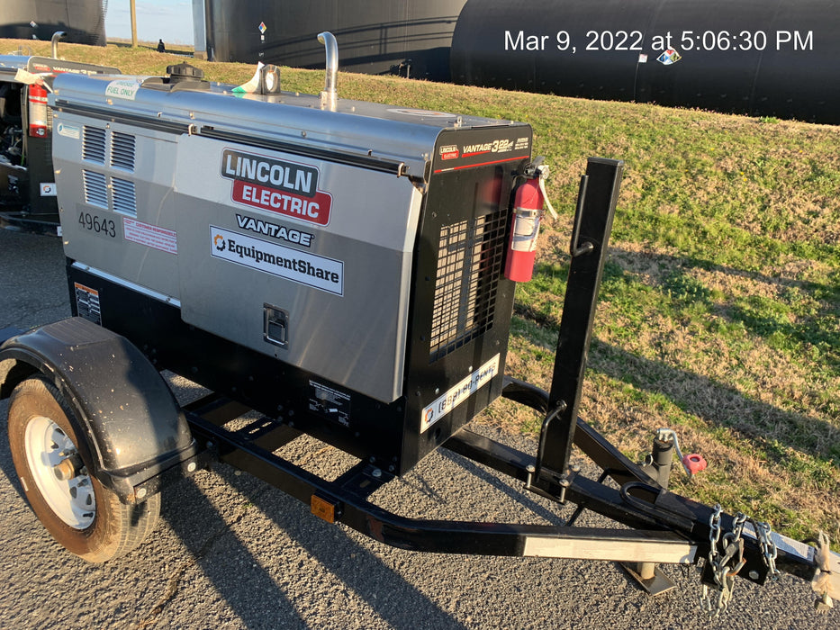 2019 Lincoln Electric Vantage 322 Ready-Pak 3, Two Wheel Trailer, Fender and Light Kit, Cable Rack