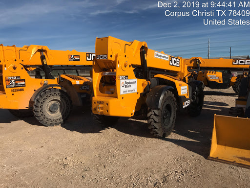 2019 JCB 510-56 Enclosed Cab, 74 HP, Solid Tires, Worklights, Beacon, Aux Hydraulics, Lifting Eye w/66" Carriage/60" Forks