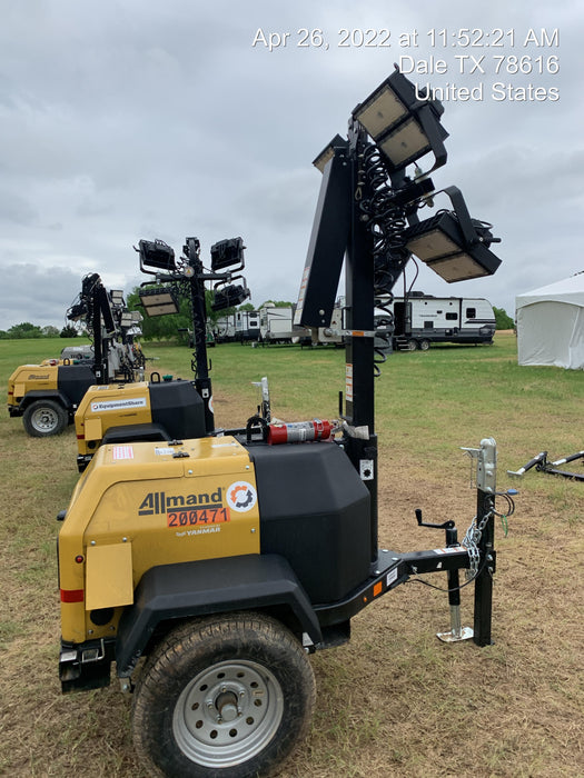 2022 Allmand NLV3GR (4) LED Light Fixture 350W, 23' Vertical Mast, 3kW Prime, Towable, Deep Sea L401, Leveling Jacks, Yanmar T4F 5.8hp