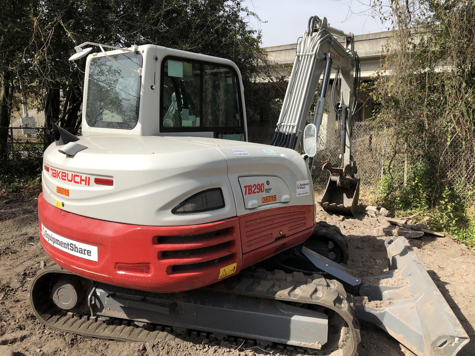 2019 Takeuchi TB290 Cab/Heat/AC Rubber tracks, Dozer blade, Travel alarm, Auxiliary hydraulics Manual QC, Hydraulic thumb, 18", 24", and 36" Buckets