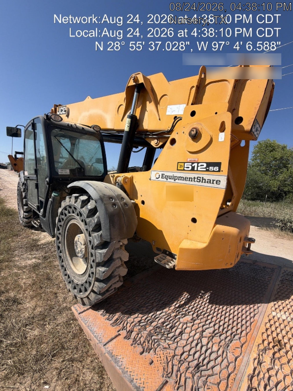 2019 JCB 512-56 74 HP w/CAB/HVAC, Beacon, Aux Hydraulics, Worklights, Solid Tires w/60" Carriage/Forks