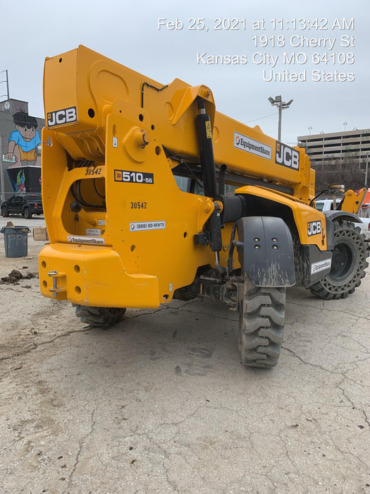 2019 JCB 510-56 Open ROPS, 74 HP, Solid Tires, Worklights, Beacon, Aux Hydraulics, Lifting Eye 72" Carriage/60" Forks