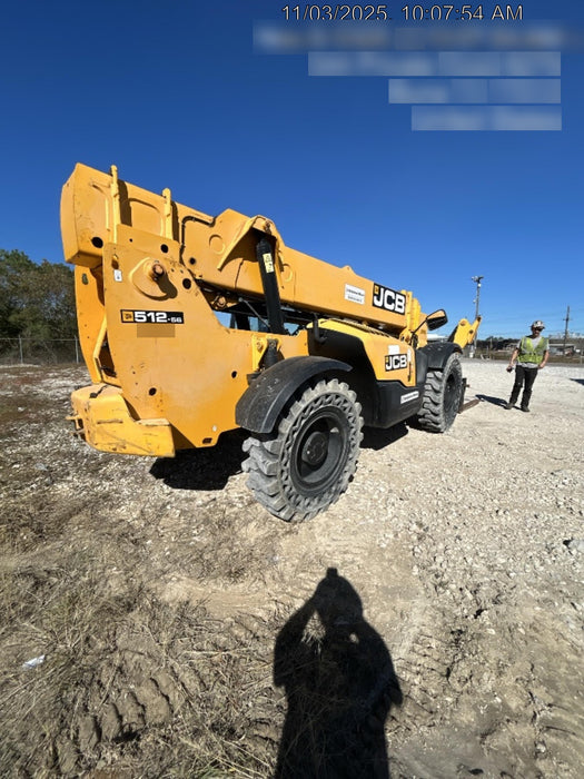 2019 JCB 512-56 109 HP w/Open ROPS, Beacon, Aux Hydraulics, Worklights, Solid Tires w/60" Carriage/Forks