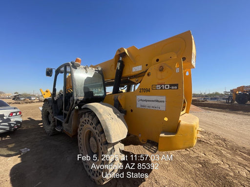 2019 JCB 510-56 74 HP w/Open ROPS, Beacon, Aux Hydraulics, Worklights, Solid Tires w/60" Carriage/Forks