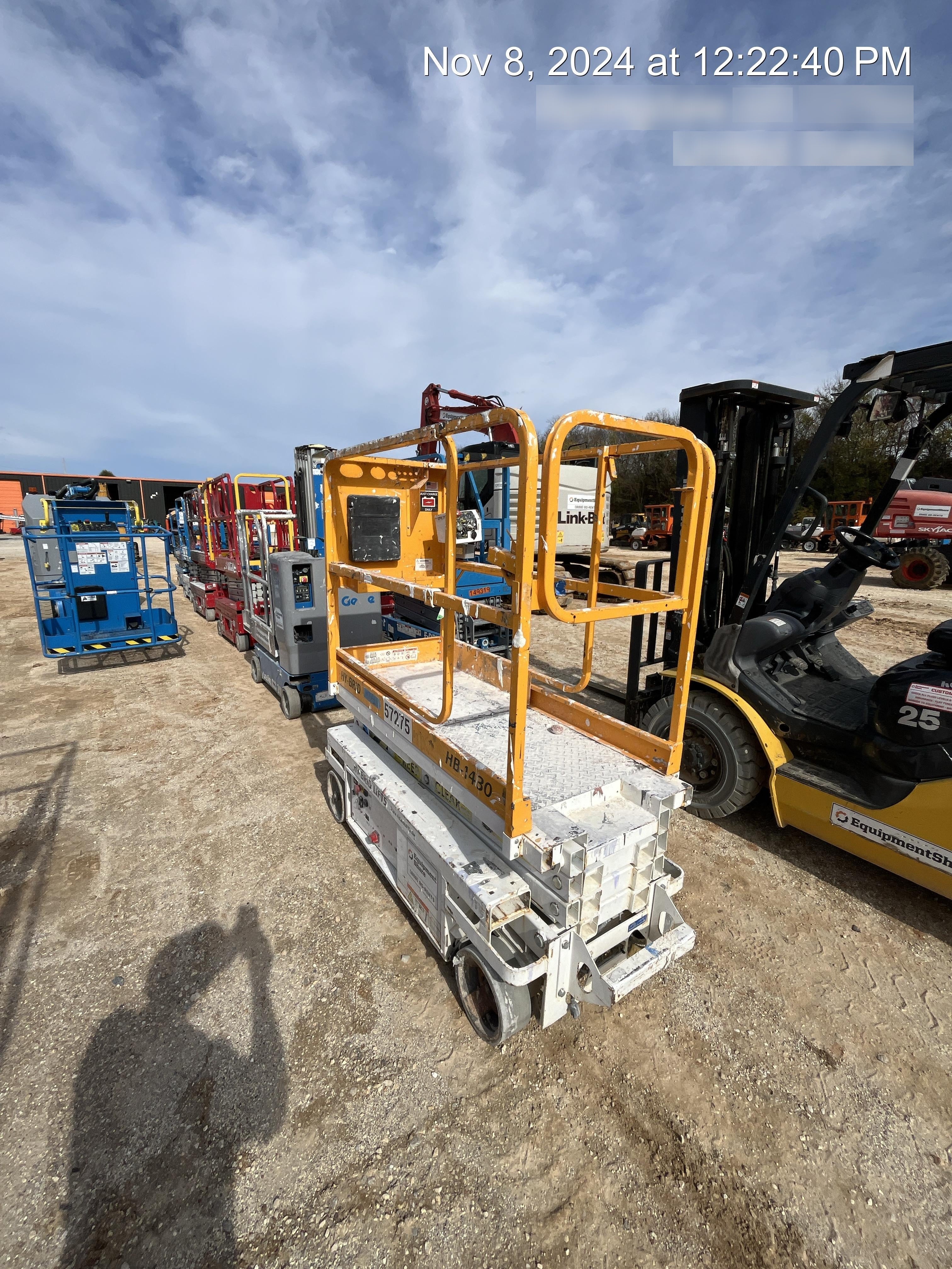 Custom Equipment HB-1430 <ul>
 <li>Hy-Brid Scissor Lift</li>
  <li>Platform capacity up to 670 lbs.</li>
  <li>Working height up to 20 ft</li>
  <li>Weighs under 1,700 lbs.</li>
  <li>Non-marking wheels </li>
</ul>