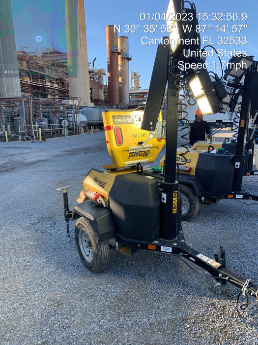 2022 Allmand NLV3GR (4) LED Light Fixture 350W, 23' Vertical Mast, 3kW Prime, Towable, Deep Sea L401, Leveling Jacks, Yanmar T4F 5.8hp