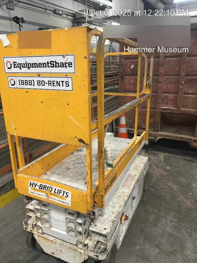 Custom Equipment HB-1430 <ul>
 <li>Hy-Brid Scissor Lift</li>
  <li>Platform capacity up to 670 lbs.</li>
  <li>Working height up to 20 ft</li>
  <li>Weighs under 1,700 lbs.</li>
  <li>Non-marking wheels </li>
</ul>