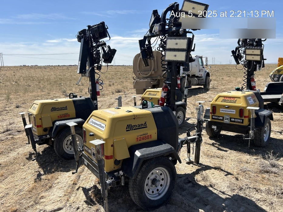 Allmand NLV3GR (4) LED Light Fixture 350W, 23' Vertical Mast, 3kW Prime, Towable, Deep Sea L401, Leveling Jacks, Yanmar T4F 5.8hp