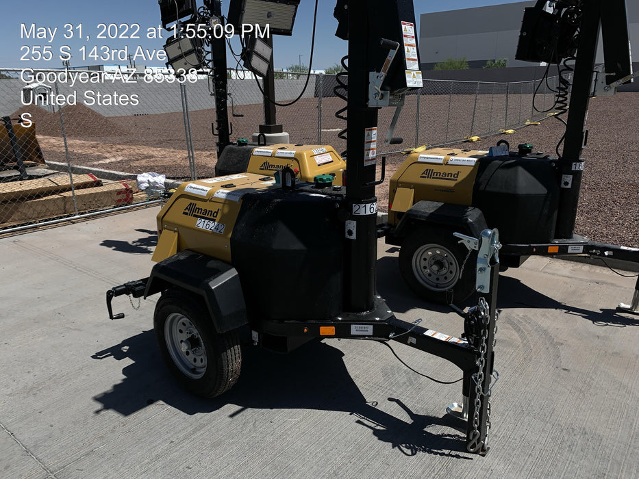 2022 Allmand NLV3GR (4) LED Light Fixture 350W, 23' Vertical Mast, 3kW Prime, Towable, Deep Sea L401, Leveling Jacks, Yanmar T4F 5.8hp