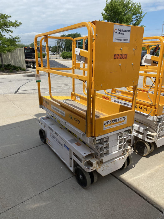 Custom Equipment HB-1430 <ul>
 <li>Hy-Brid Scissor Lift</li>
  <li>Platform capacity up to 670 lbs.</li>
  <li>Working height up to 20 ft</li>
  <li>Weighs under 1,700 lbs.</li>
  <li>Non-marking wheels </li>
</ul>