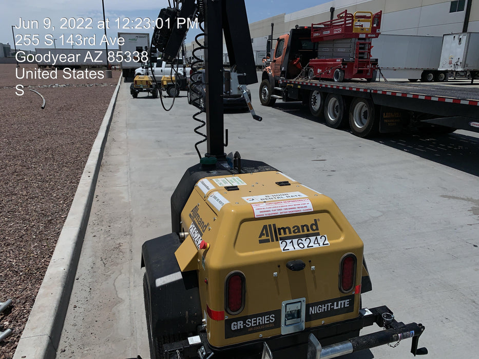 2022 Allmand NLV3GR (4) LED Light Fixture 350W, 23' Vertical Mast, 3kW Prime, Towable, Deep Sea L401, Leveling Jacks, Yanmar T4F 5.8hp