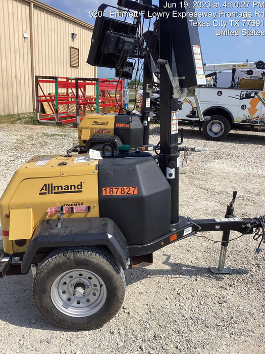 Allmand NLV3GR (4) LED Light Fixture 350W, 23' Vertical Mast, 3kW Prime, Towable, Deep Sea L401, Leveling Jacks, Yanmar T4F 5.8hp