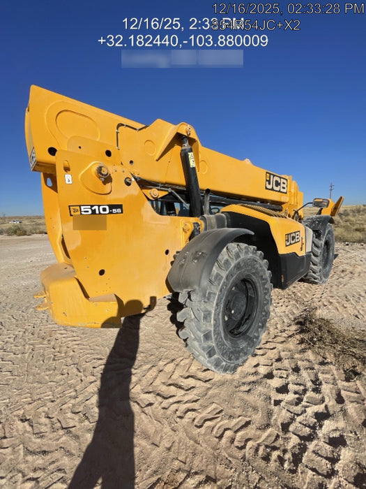 2019 JCB 510-56 Open ROPS, 74 HP, Solid Tires, Worklights, Beacon, Aux Hydraulics, Lifting Eye w/60" Carriage/60" Forks