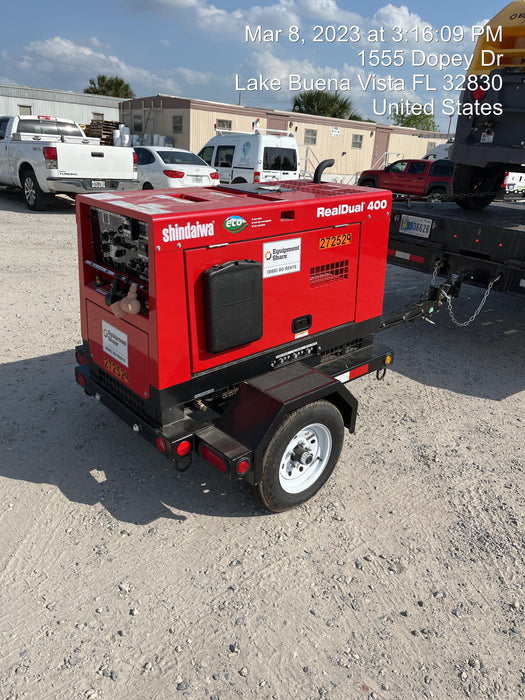 2022 Shindaiwa DGW400MDL Kubota D902 Engine, 23 HP, Dual Op Welder, Wire, Arc, Droop Stick, Tig, and CC Stick Functionality, Simulphase, 3 Phase and 1 Phase Gen Output, Single Axle NB Trlr, Slr Trckl Chrg 12V 12W, Fire Ext